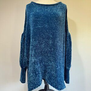 FREE PEOPLE Oversized Teal Chenille Cold Shoulder Sweater